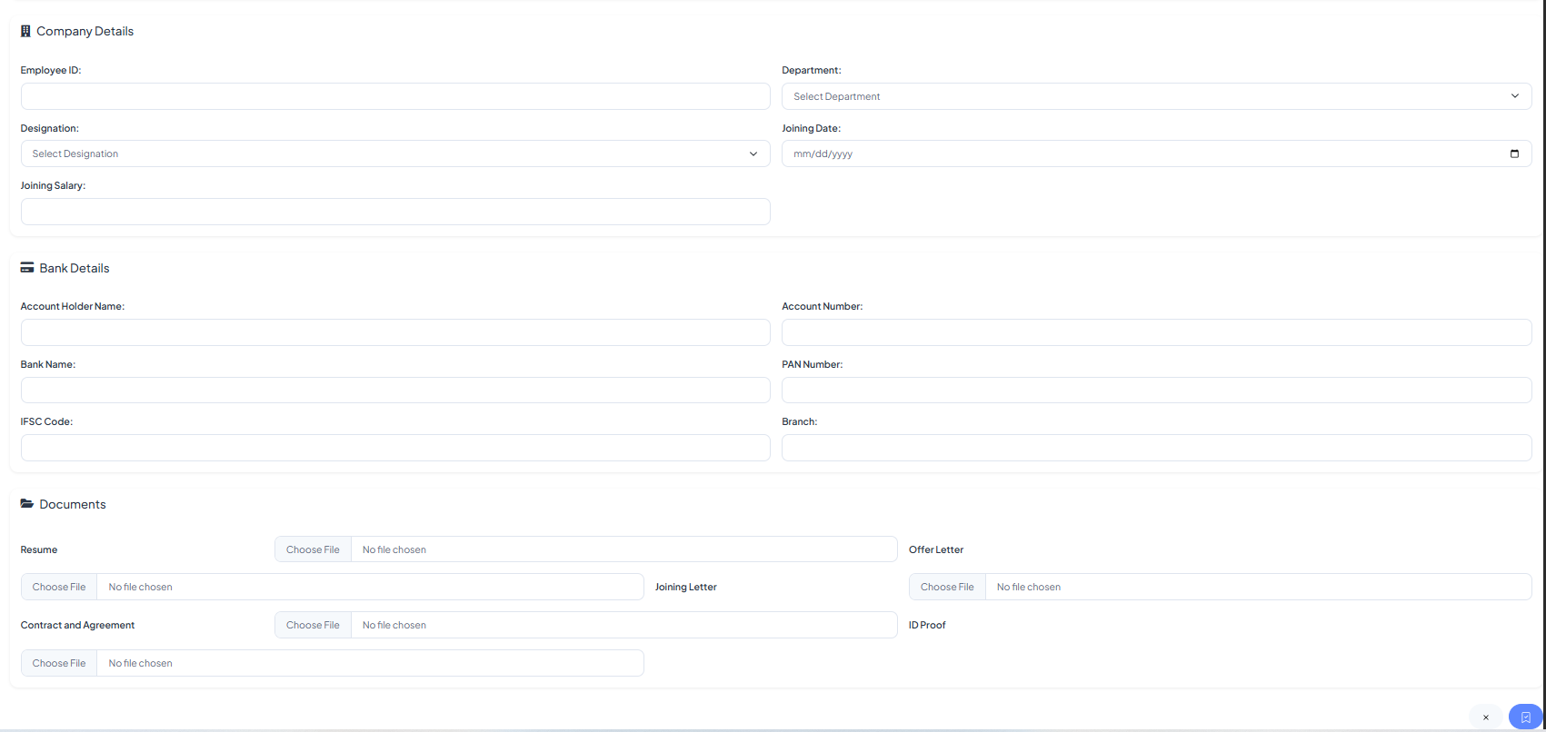 Create employee - company, bank, and documents